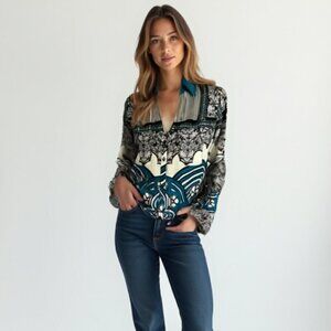 ❤️ Express Portofino Blouse Teal Black Roll Tab Sleeves Floral Stripes XS